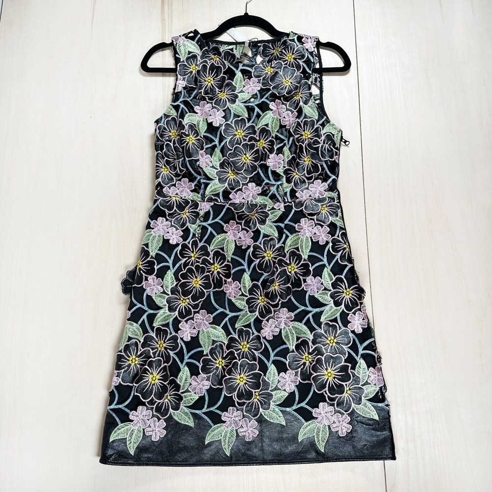 Topshop Black Multi PU Leather‎ Lace Floral Appliqué Shift Dress 6 Embroidered - Picture 3 of 13